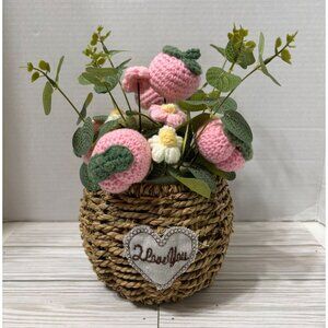Valentine Crochet Flowers & Pink Fruit Wicker Basket “I Love You” Handmade